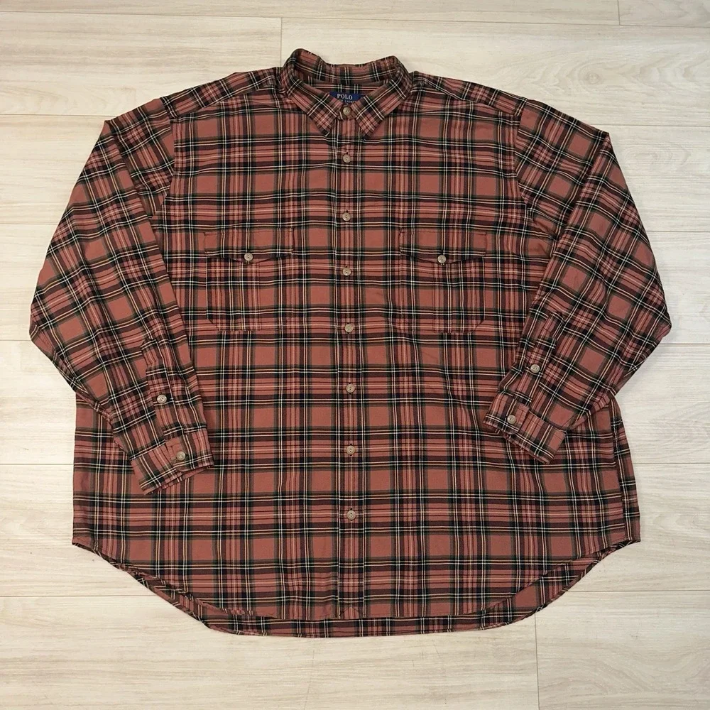 Ralph Lauren Mens Button Down Shirt Plaid Western Oxford Pony Logo 4XL Cotton‎